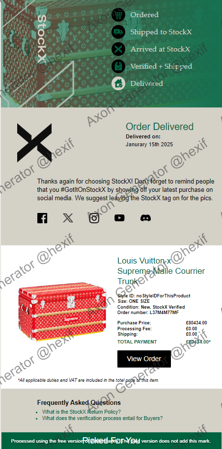 StockX Receipt Example